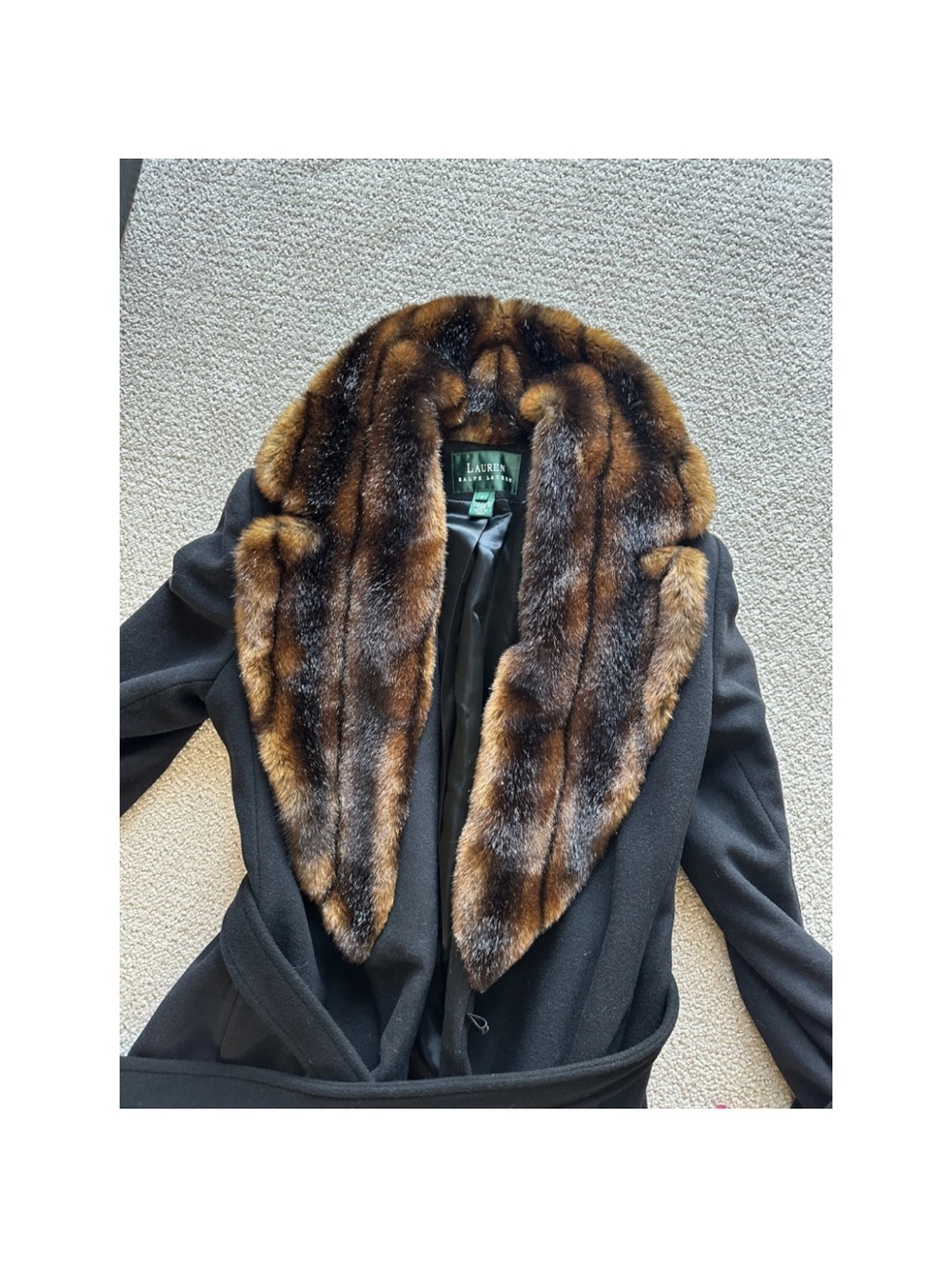 Ralph Lauren Black Maxi Coat with Brown Faux Fur Collar - Picture 2 of 4